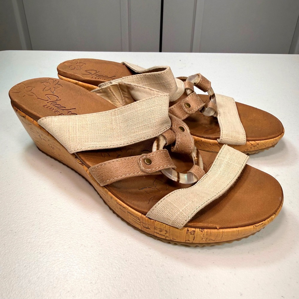 Skechers Luxe Foam Wedge Sandals Beige Cork Platform Slides Boho Women 9.5